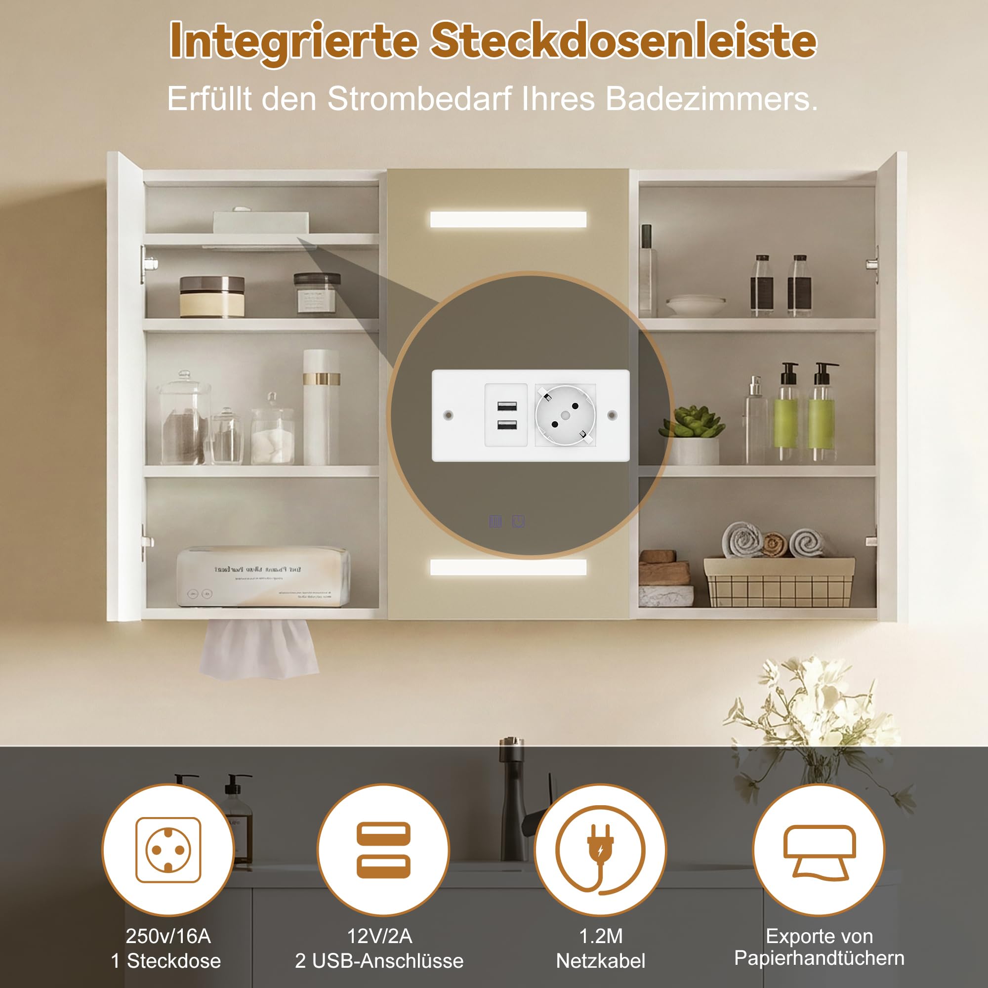 Szafka łazienkowa z lustrem 100 cm z oświetleniem LED, szafka łazienkowa z lustrem z gniazdkiem i regulowanym regałem, szafka łazienkowa z lustrem i funkcją defogowania, regulowana jasność