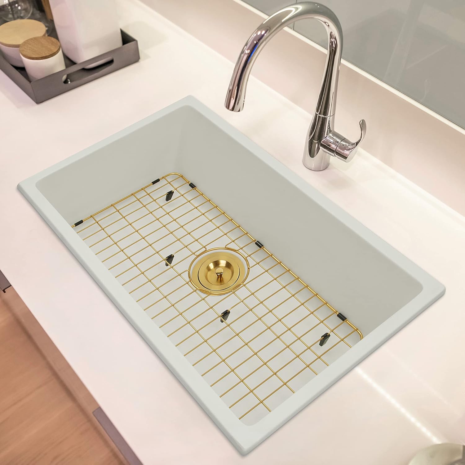 Kitchen Sink Grid, Kitchen Sink Protectors, Stainless Steel Sink Grids for Bottom, 26" x 14" with Rear Drain for Single Sink Bowl, Golden Color