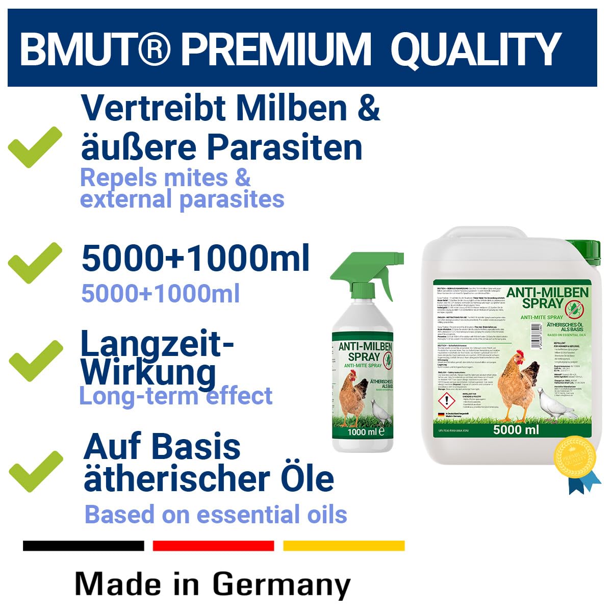 6000ml Milbenspray für Geflügel wie Hühner & Vögel - Sofort & Langfristig gegen Parasiten, bei Akut & Vorbeugung 5 Liter + 1 Liter Kanister