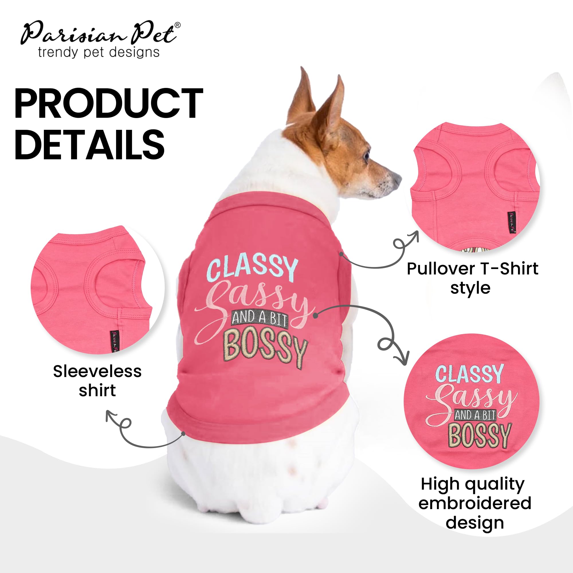 Parisian Pet Parisian Pet Dog T-Shirt with Embroidered 'Classy, Sassy and Bit Bossy' Words - 100% Cotton, Pink Dog Shirt - Cute Pet Vest - Machine Washable Dog Clothes for Medium-Sized Dogs - M in use