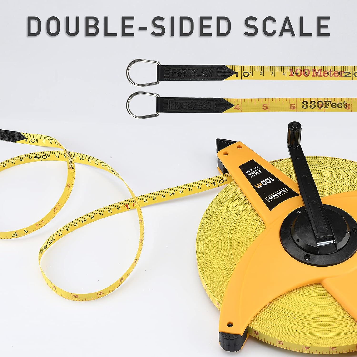 LAND 330FT/100M Heavy Duty Fiberglass Tape Measure - 1/2-Inch Wide, Dual Inch/Metric Scale, Durable Open Reel Measuring Tape for Surveying, Engineering, Runway Construction