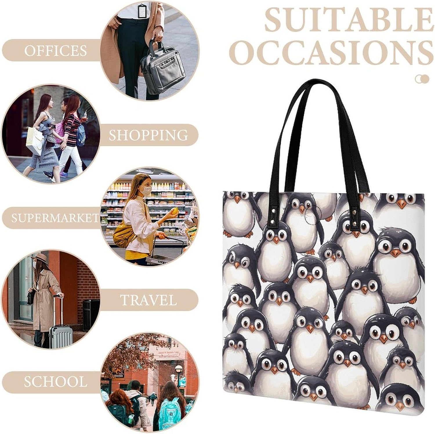 Cute Baby Penguins Sketch Handbags Large Capacity, Tote Bag Stylish Slouchy, Shoulder Bags for Work Beach Travel And Shopping Grocery.