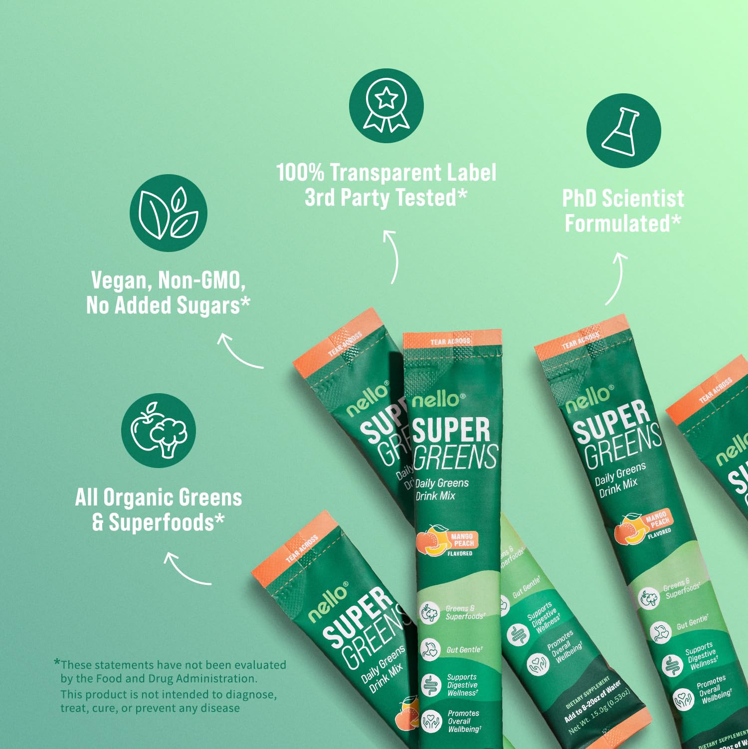 Nello Supergreens Premium Superfood Greens Drink Mix w/Chlorella, Moringa, Spinach & Broccoli + Digestive Enzymes & Probiotic Blend -Nutrient-Packed Powder Wellness (Mango Peach, 20 SRV, Travel Pack)