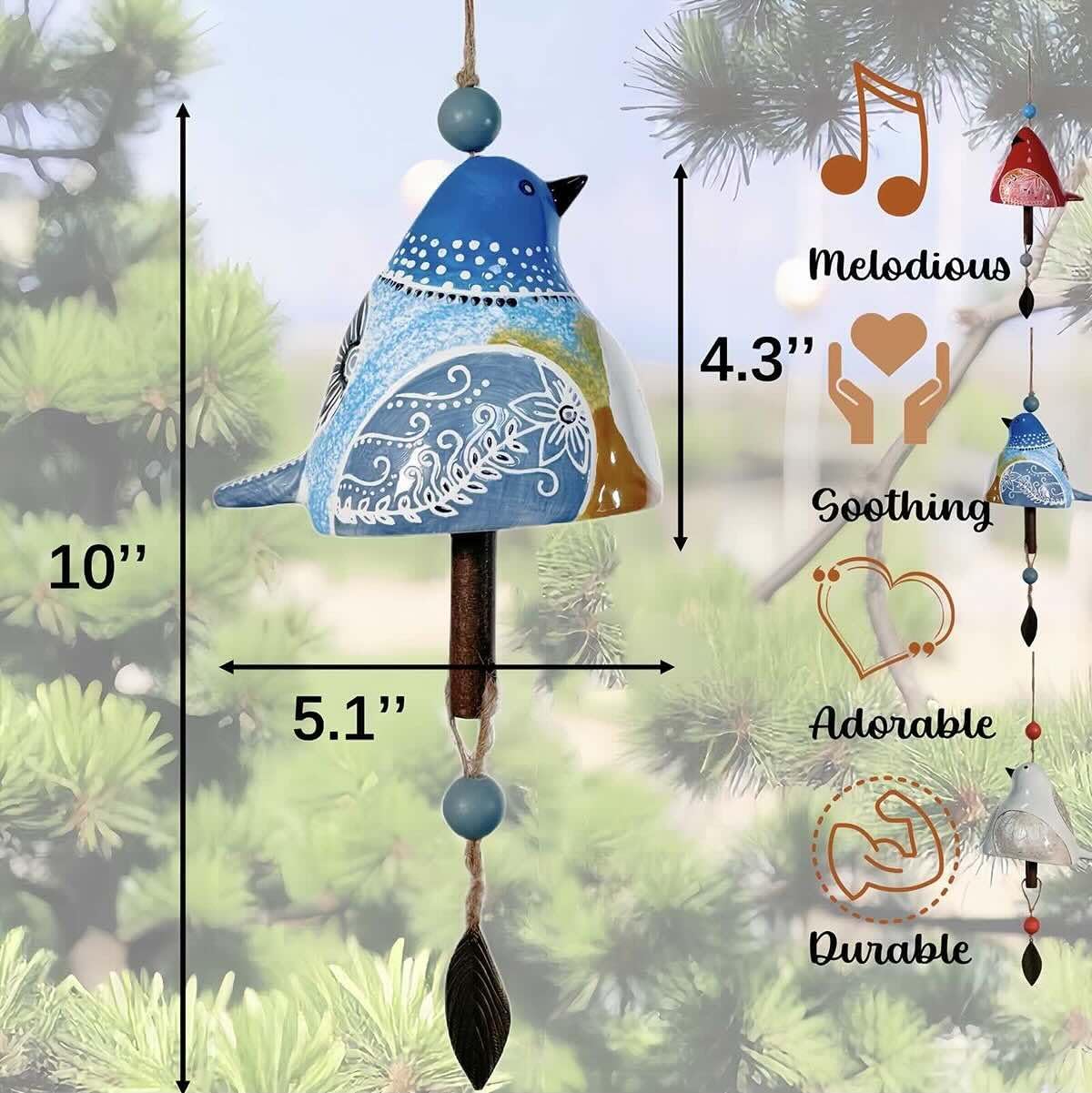 Cute Ceramic Wind Chimes for Outside and Indoor, Memorial Windchime with Soothing Melodic Tones, Gifts for Mom, Garden Patio Balcony Home Decor Hanging Windchimes (Single Bird-Silver)