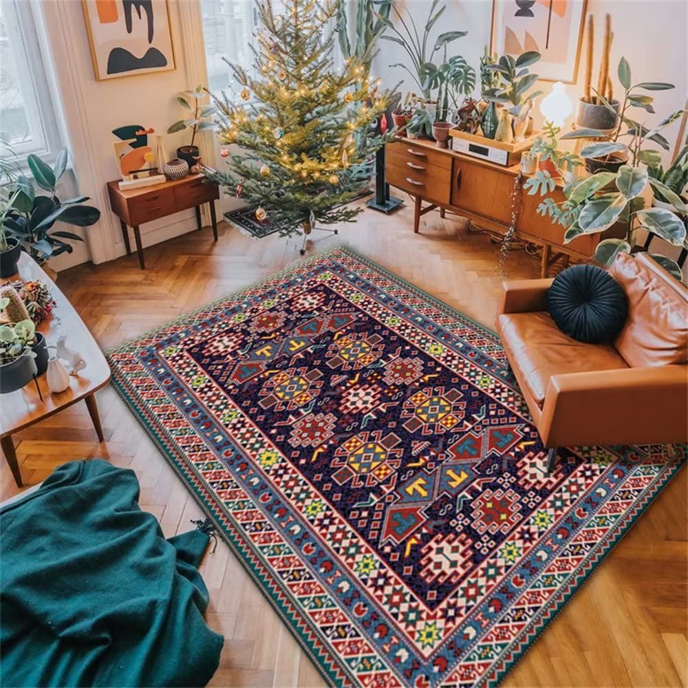 Alfombra resistente al desgaste para decoracion del hogar con patron retro rojo azul 80x150cm