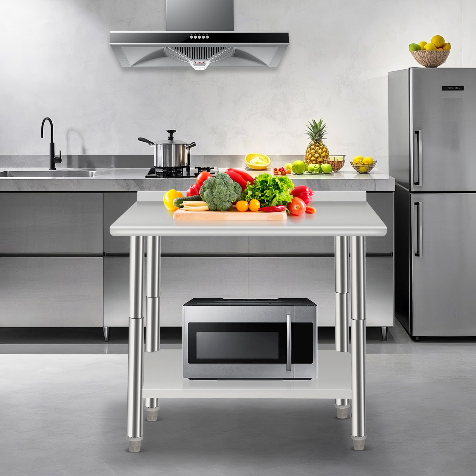 Garvee Mesa De Trabajo Comercial De Acero Inoxidable Certificada NSF – Ideal para Cocina Profesional, Restaurante, Panadería y Lavandería – Estante Ajustable, Respaldo y Ganchos Incluidos
