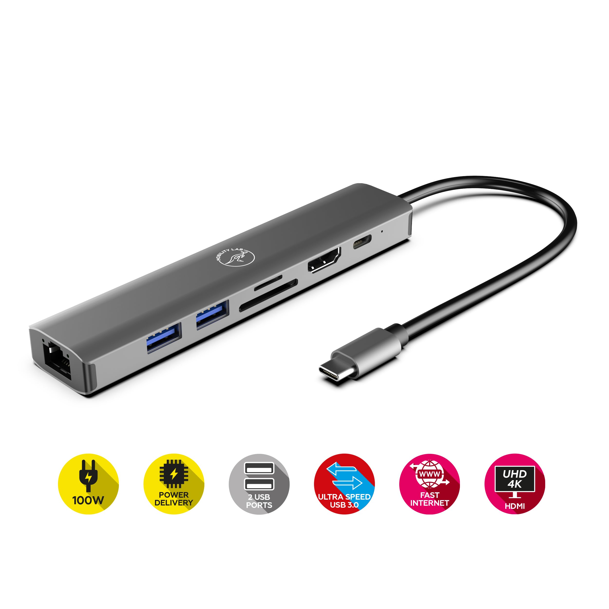 Mobility Lab – Hub Adaptateur USB-C 7 en 1 100W – Port HDMI, 1 Port USB-C, 2 Ports USB 3.0, Ethernet, Lecteur de Carte SD et Micro SD – Transfert de donnée Rapide et HDMI 4K – pour macOS et Windows