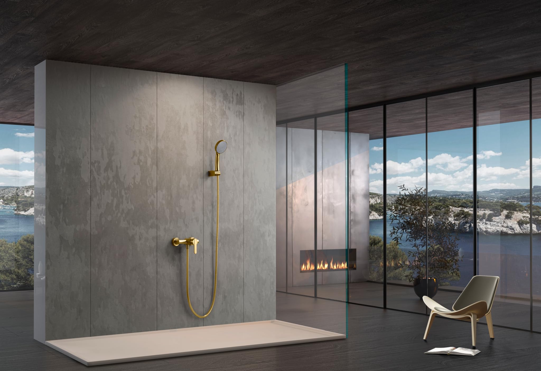 IMEX Monomando para Ducha SERIE ROMA – Grifería de Latón, Kit Grifo Ducha Moderno Completo, Cartucho Cerámico Ø35 mm, Flexo PVC 1.80 m. (Oro Cepillado)