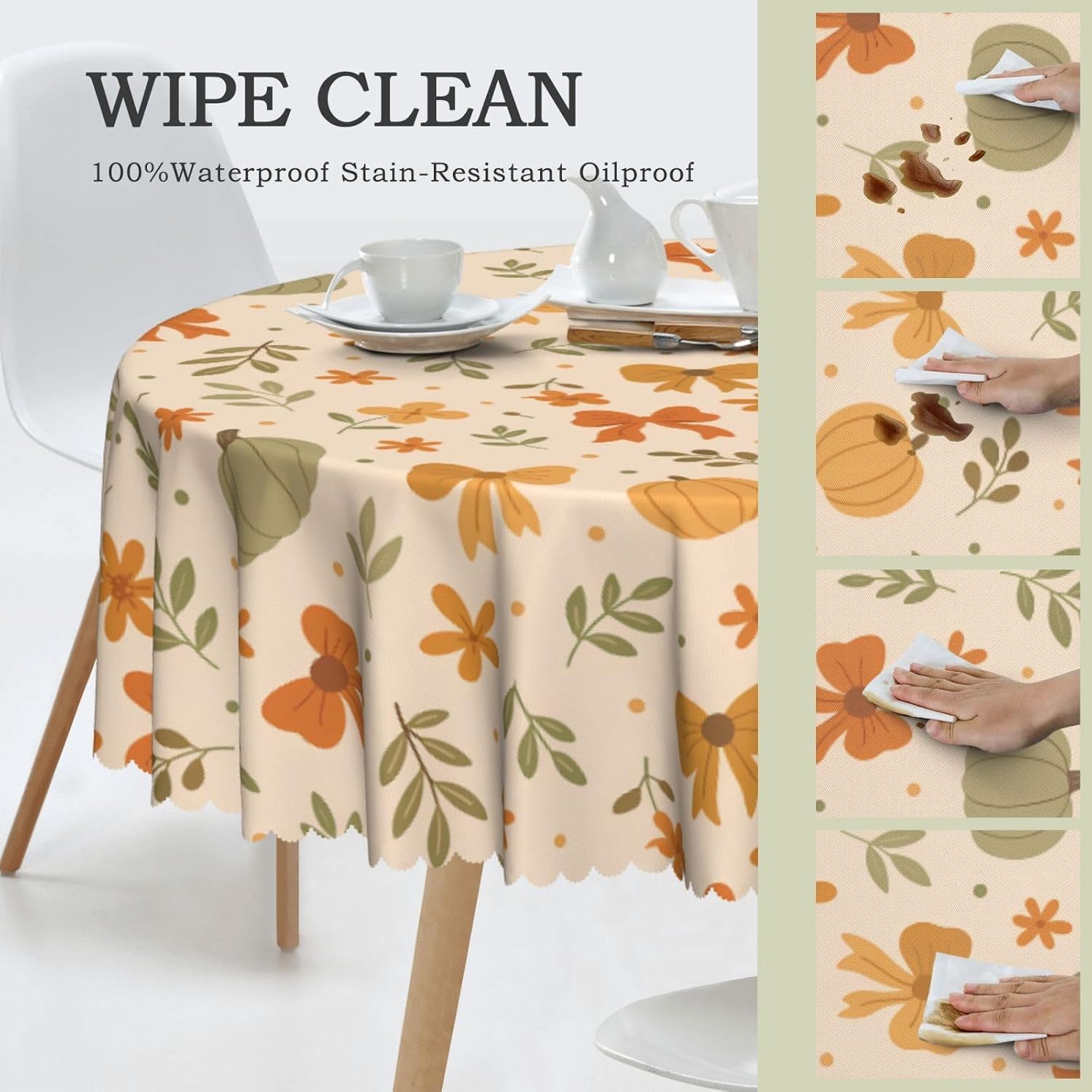Fall Tablecloth Autumn Pumpkin Floral Leaf Bow Round Tablecloth 60 inch Thanksgiving Table Cloths Cover Mat Spill Proof Table Covers for Kitchen Party Dinner Tabletop Decoration