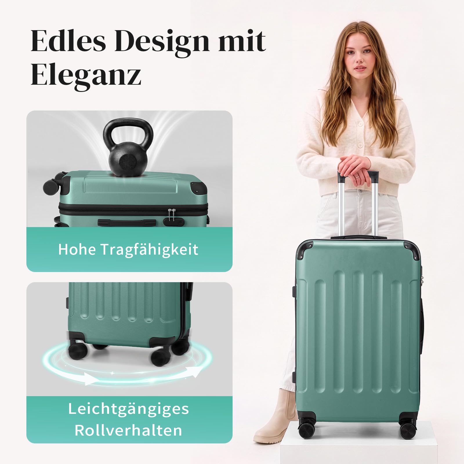 LALAHO Kofferset 4 teilig Hartschale mit verstärkten Ecken, Reisekoffer mit Rollen Groß, Koffer Set 4 Stück aus ABS, Handgepäck, Türkis