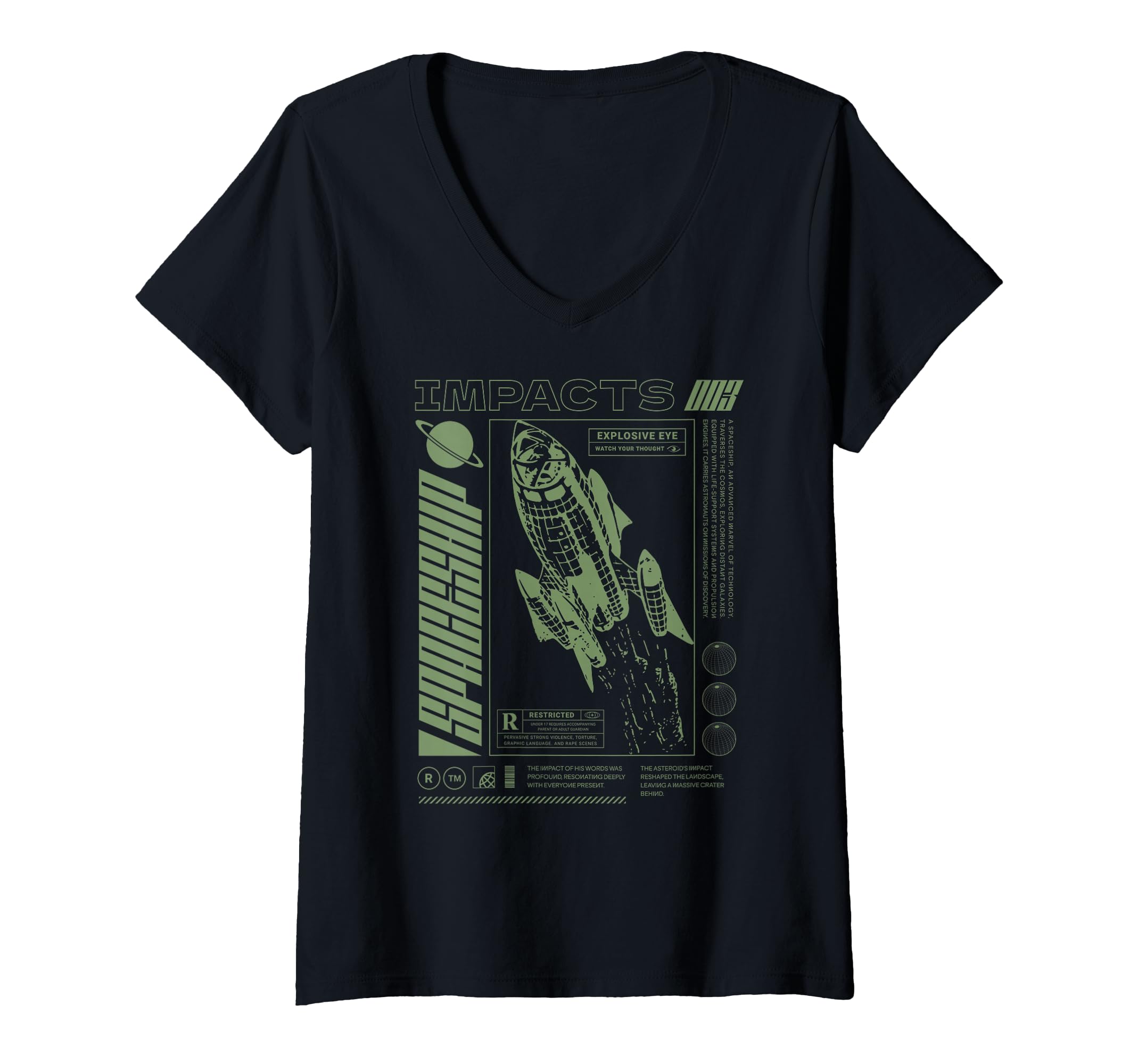 Women's Sci Fi Impacts Spaceship Explosive Eye Restricted V-Neck T-Shirt