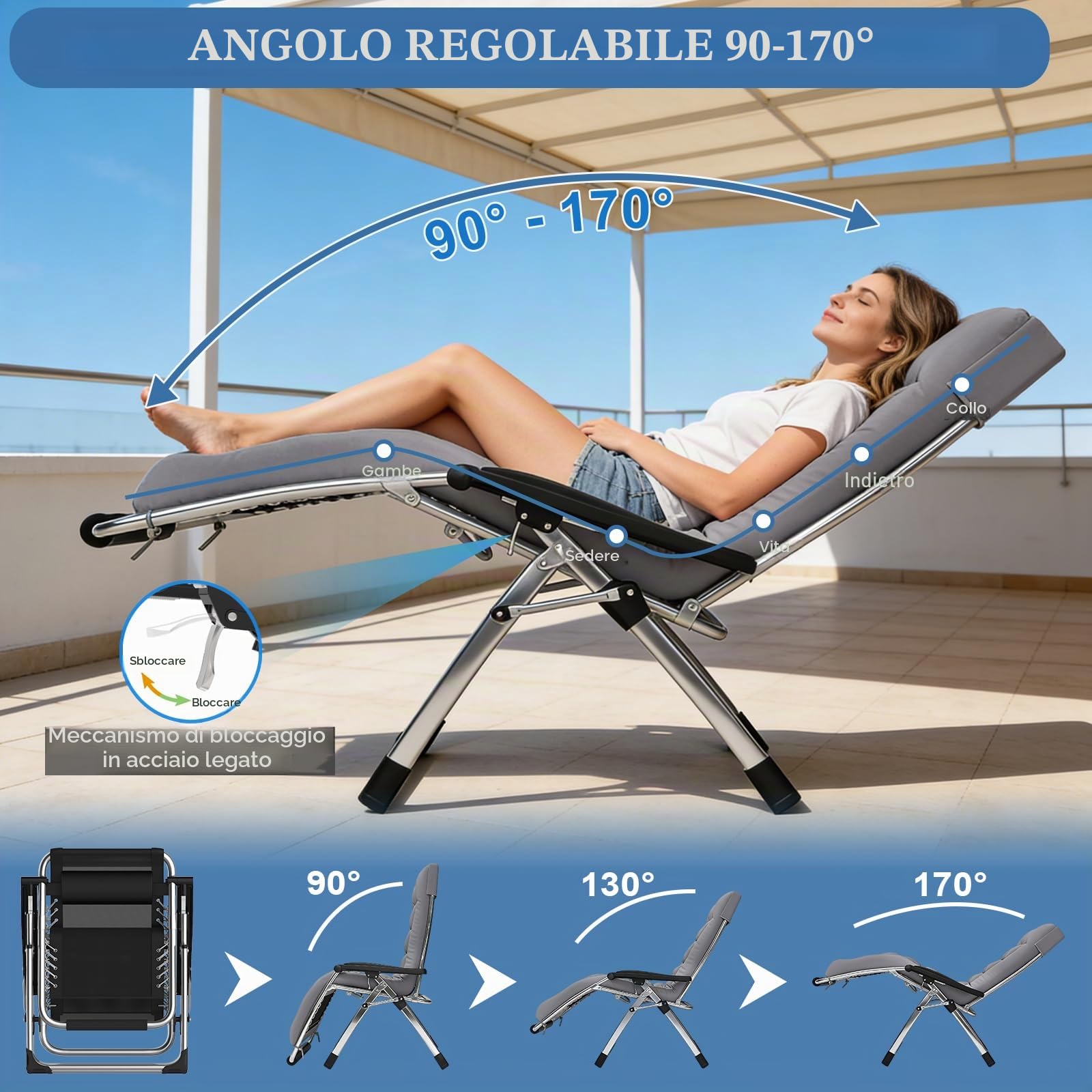 Fiutazge Lettino Prendisole Zero Gravity 72 cm,Sdraio Pieghevole con Cuscino, Schienale Regolabile, Pedaliera,Portabevande,Per Giardino,Piscina,Spiaggia,Terrazzo,Campeggio-Gray