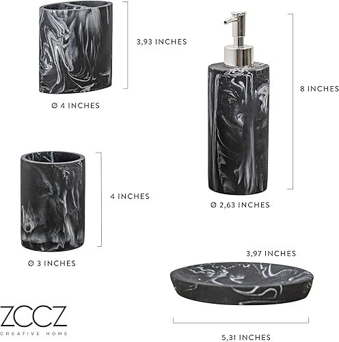 Miniatura 8 de ZCCZ Juego de accesorios de baño, patrón de mármol de 4 piezas con dispensador de jabón, soporte para cepillo de dientes, vaso y jabonera para
