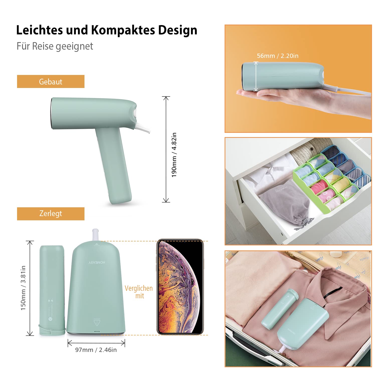 HOMEASY Reise-Dampfglätter Dampfbürste mit 110 ml Wassertank 800W Schnelle Erwärmung für Alltag und Reise