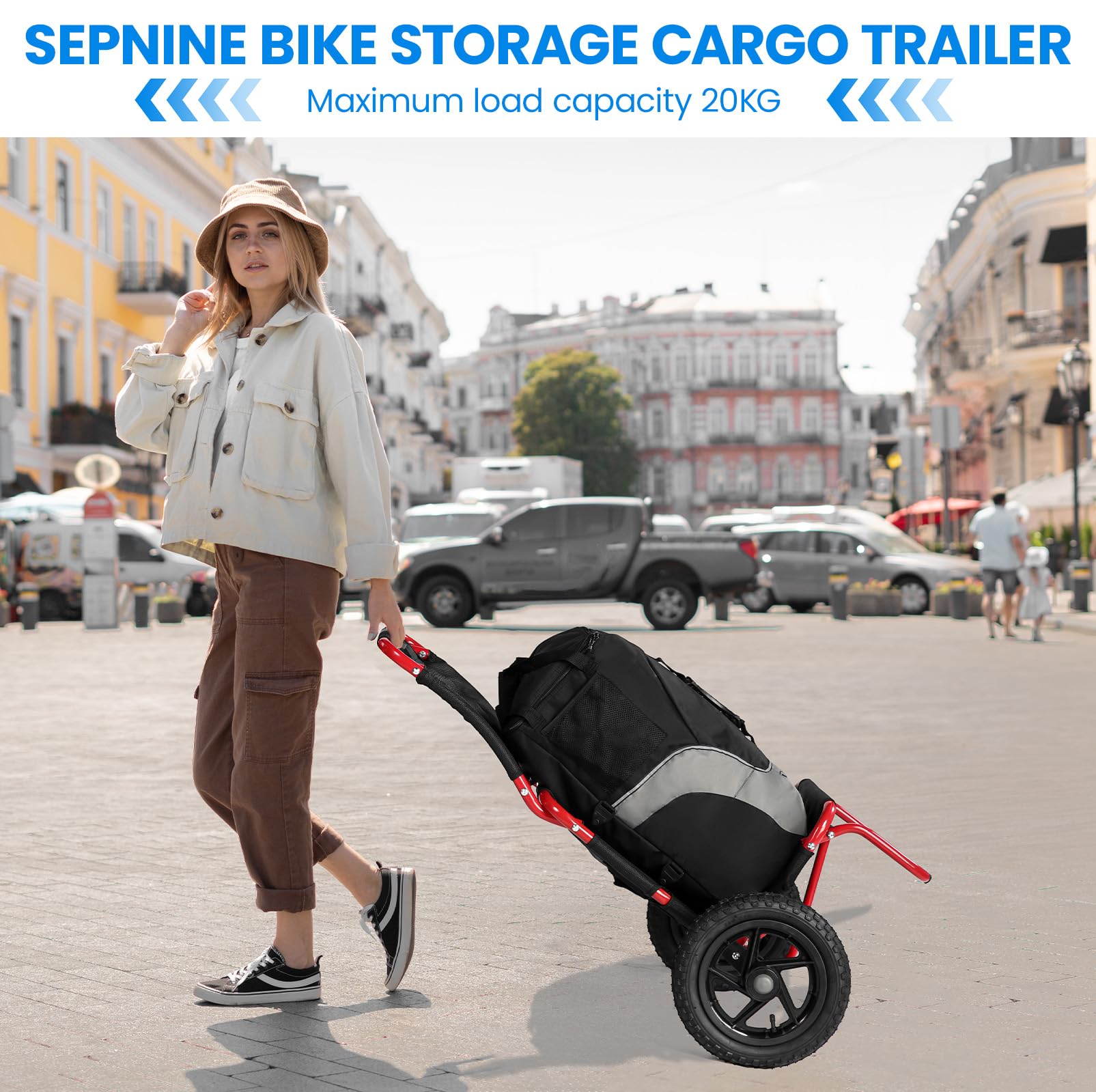 SEPNINE® Rimorchio per carico bicicletta 2 in 1, carrello per la spesa, carrello a mano, telaio in acciaio legato, leggero pieghevole con pneumatici da 30 cm, peso di carico 20 kg