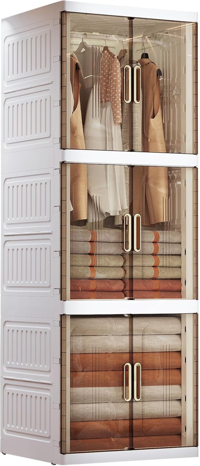 SunSettler Plastic Wardrobe Closet, Large Collapsible Wardrobe with Wheels, Foldable Clothes Storage Cabinet (3 Layer)