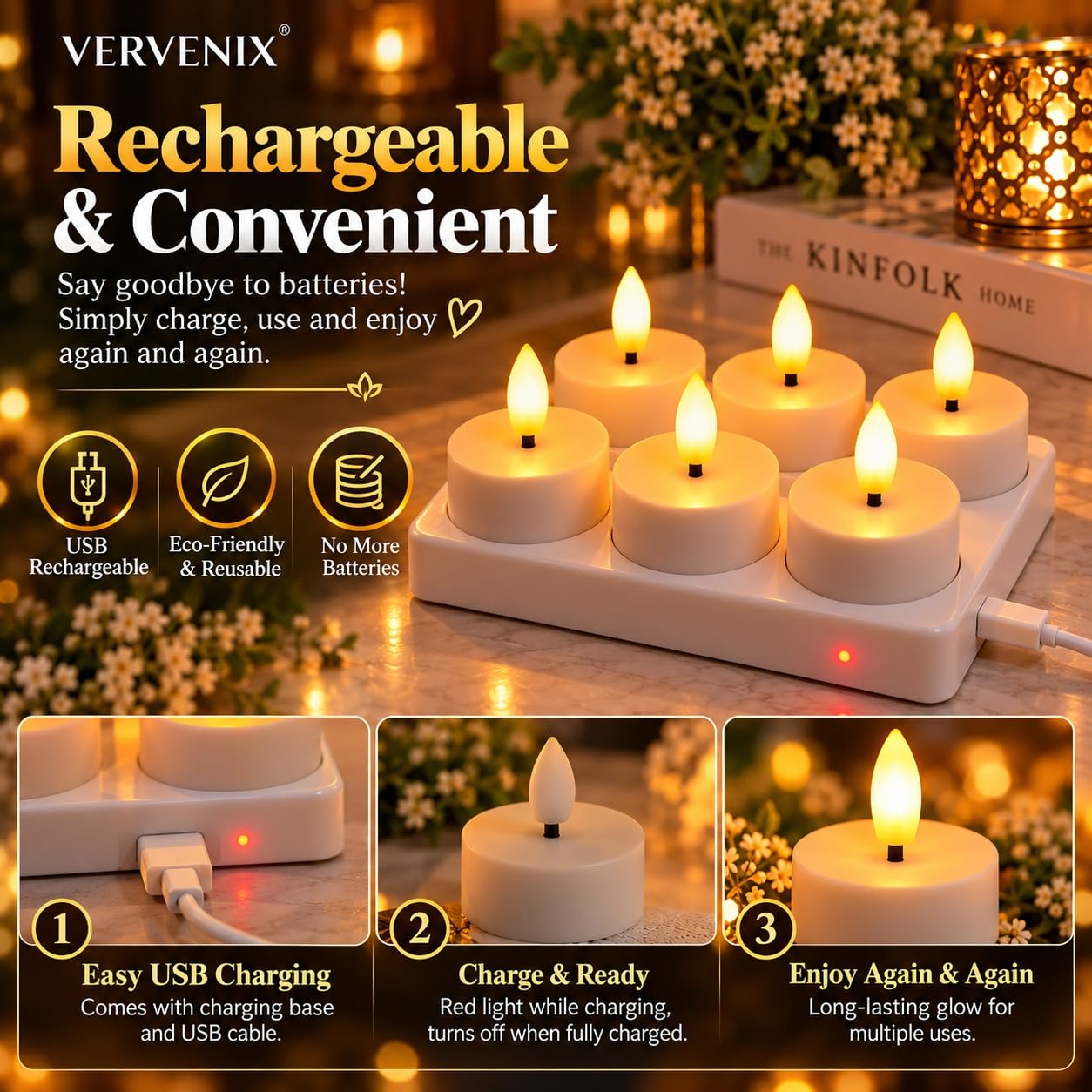 Rechargeable Flameless Tea Lights - Realistic Flickering Glow -4 Rechargeable Flameless Tea Lights - Realistic Flickering Glow -4