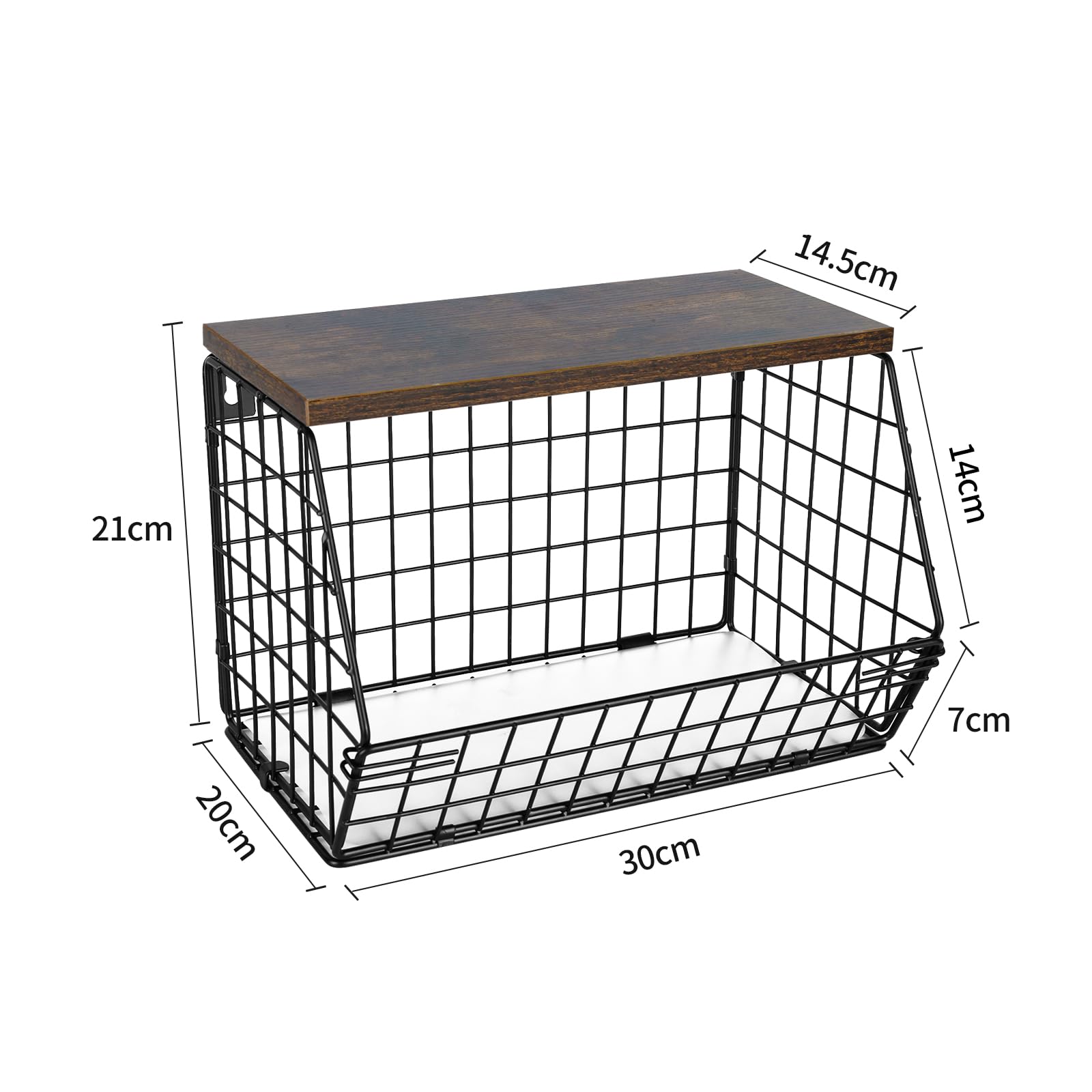 Cesta de frutas de pared con tapa de madera, cesta de almacenamiento para frutas y verduras de 30 x 20 x 21 cm (2 piezas), color negro