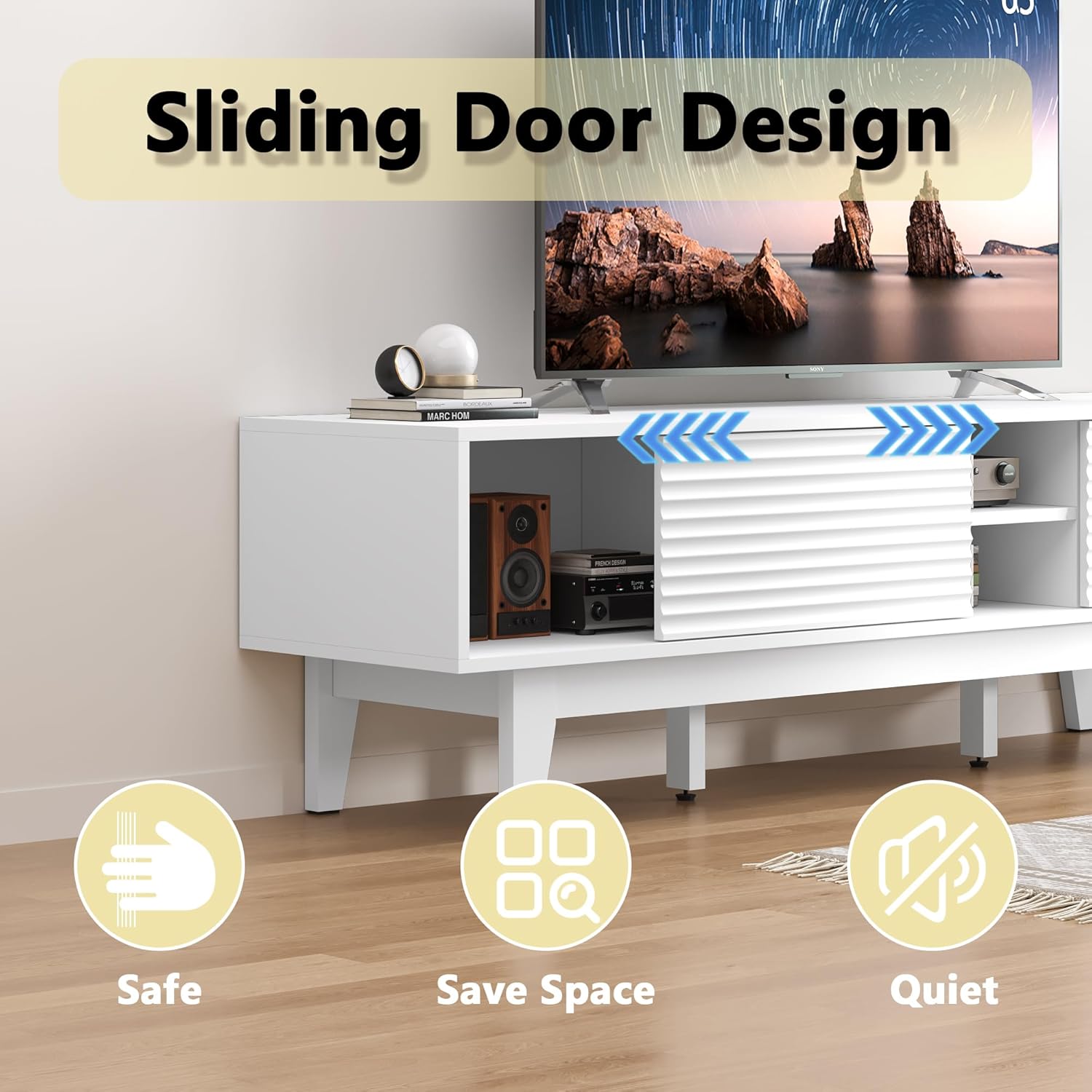 BORNOON TV Stand for 65 Inch TV, Modern Fluted Entertainment Center TV Console with Storage, Sliding Door Media Console, Wood TV Cabinet for Living Room, Bedroom