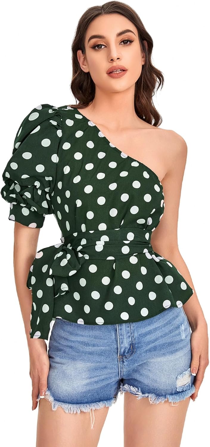 Romwe Women's One Shoulder Puff Sleeve Blouse with Zimbabwe Ubuy