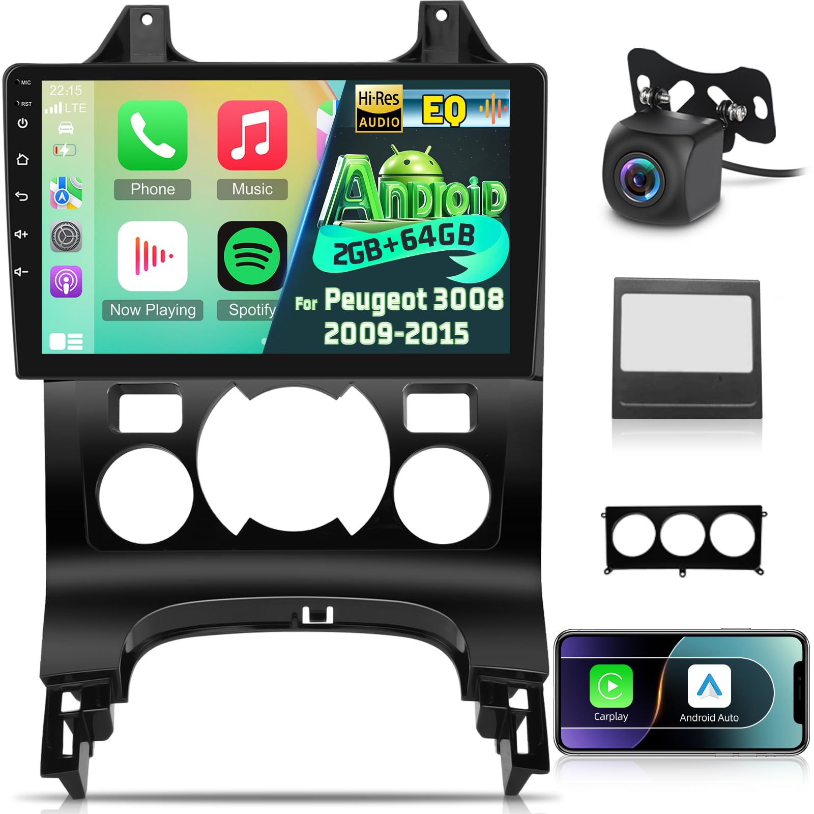 Android 2G+64G Autoradio pour Peugeot 3008 2009-2015, Wireless Carplay & Android Auto Radio à Écran Tactile 9 Pouces avec WiFi/GPS/Bluetooth/EQ/FM RDS Radio+Caméra de Recul +Mic