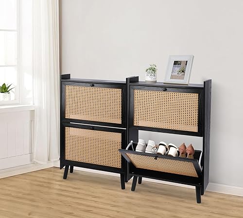 Miniatura 6 de ZYBT Organizador de almacenamiento de zapatos de entrada negro, armario de almacenamiento de zapatos de ratán para entrada, delgado, zapatero de