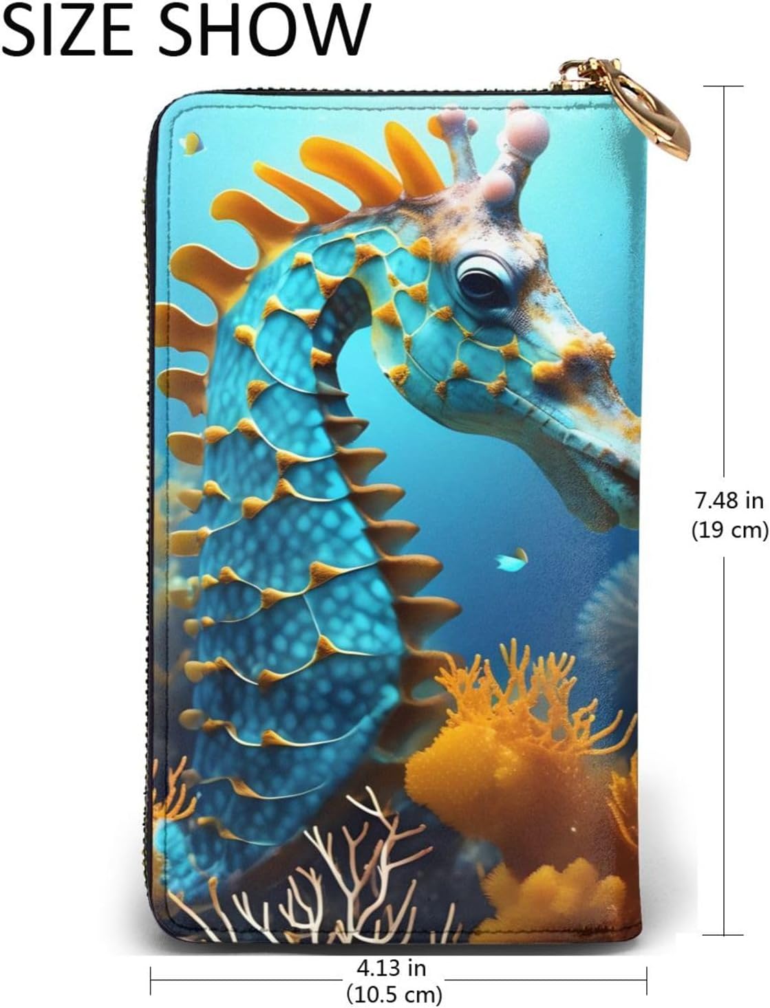 Blue Seahorse Women's wallet, clutch wallet, with zipper, large capacity.