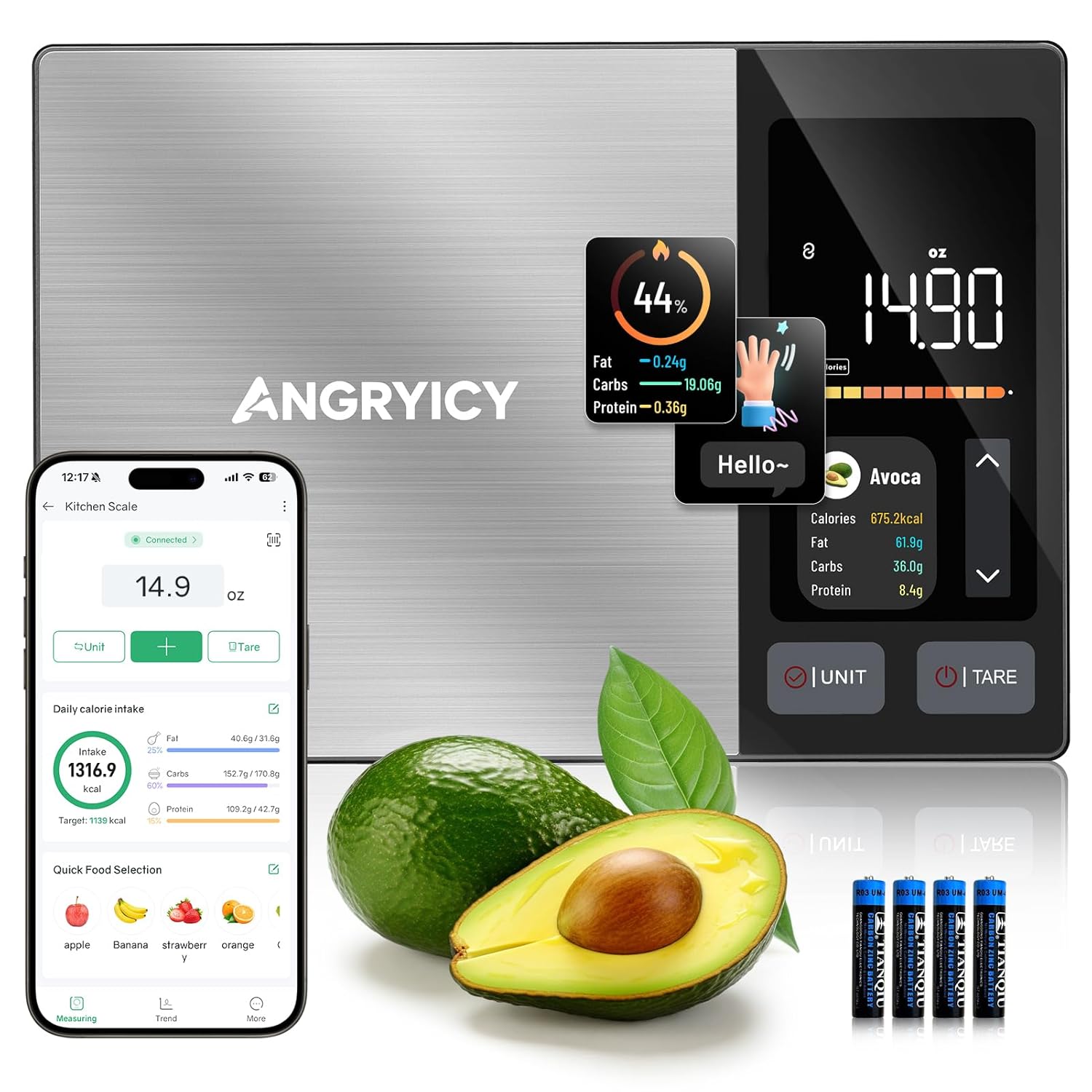 Smart Food Scale with Nutritional Calculator, Free APP with 24 Nutrients Tracking, Calorie, Macro, Premium Stainless Steel Digital Food Scale for Meal Prep Weight Loss, Grams/Ounces, 5kg Capacity