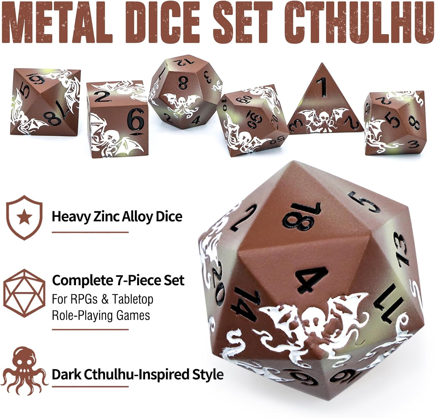 Cthulhu Dice Set,7-Piece Octopus Metal RPG Dice,Brown White image 3