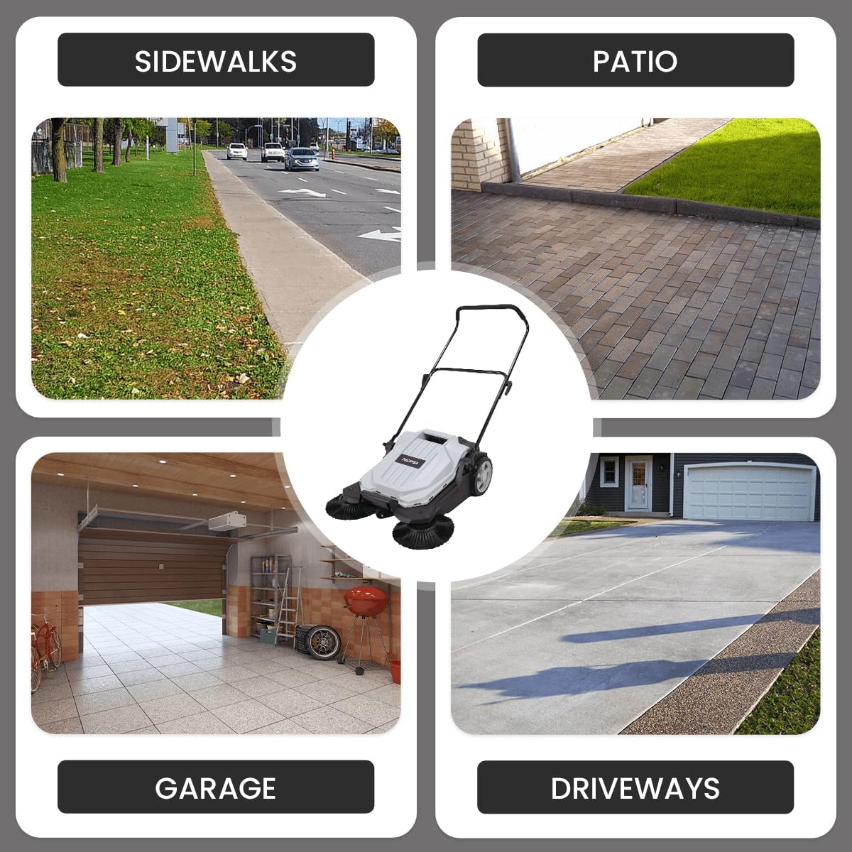 Walk-Behind Outdoor Hand Push Floor Sweeper - 5.25 Gallon Capacity - 25.5" Sweeping Width - Sweeps up to 27,900 ft/Hour, Grey