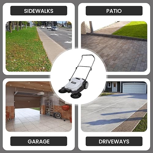 Miniatura 3 de Barredora de piso manual para exteriores, capacidad de 5.25 galones, ancho de barrido de 25.5 pulgadas, barre hasta 27.900 pieshora, gris