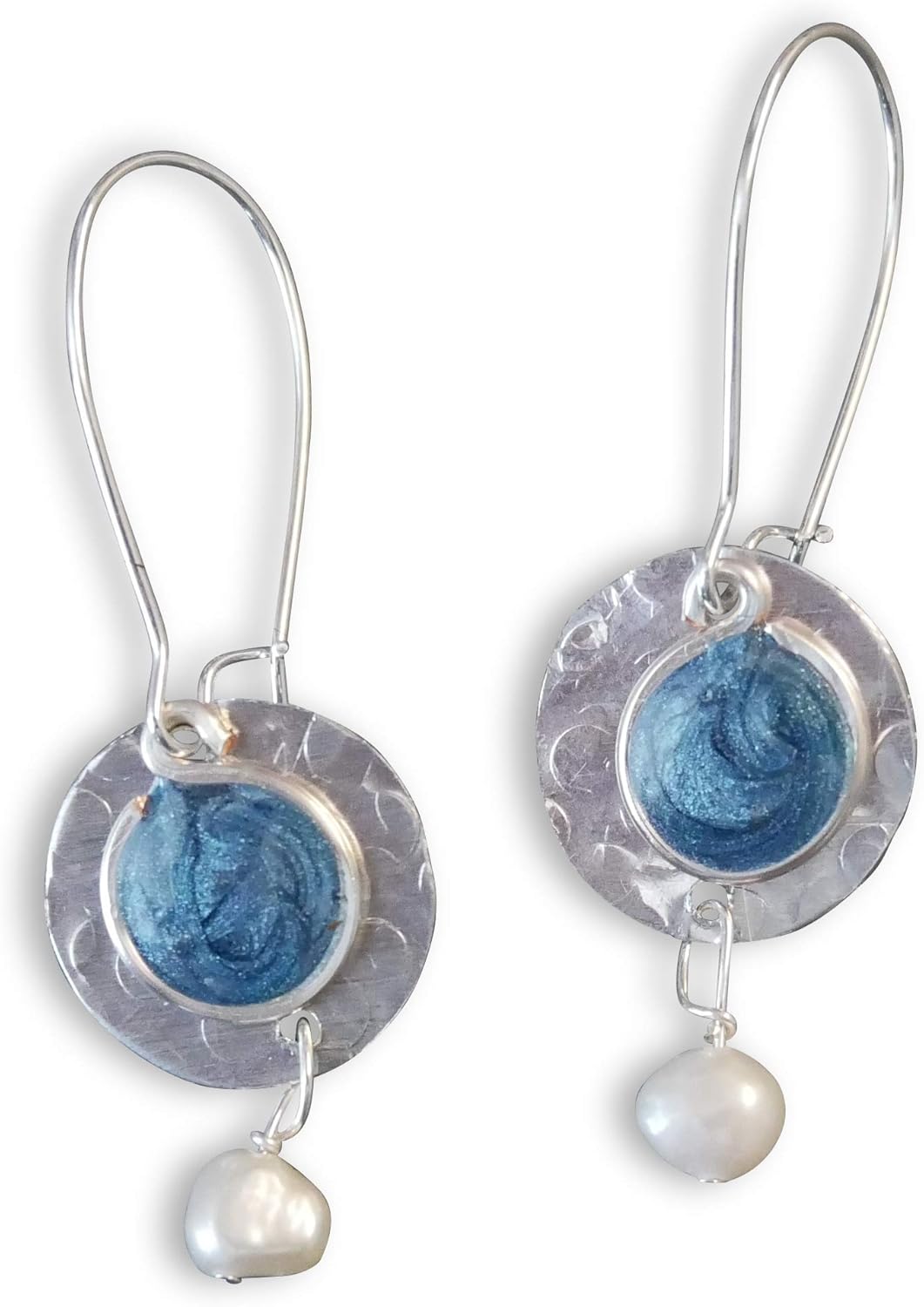 Handmade Lightweight Denim Blue Resin and Disc with Pearl Longer Drop Womens Earrings Beads by Bettina