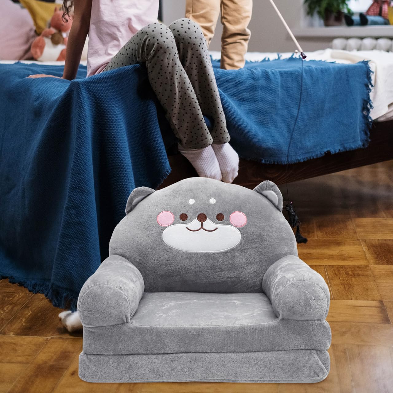 Hemobllo Sofá Cama Infantil 2 en 1 Plegable, 90x50 cm, Felpa Gris Oso, Funda Lavable, Convertible Sillón-Tumbona para Dormitorio, Guardería, Regalo Niños 1-4 Años