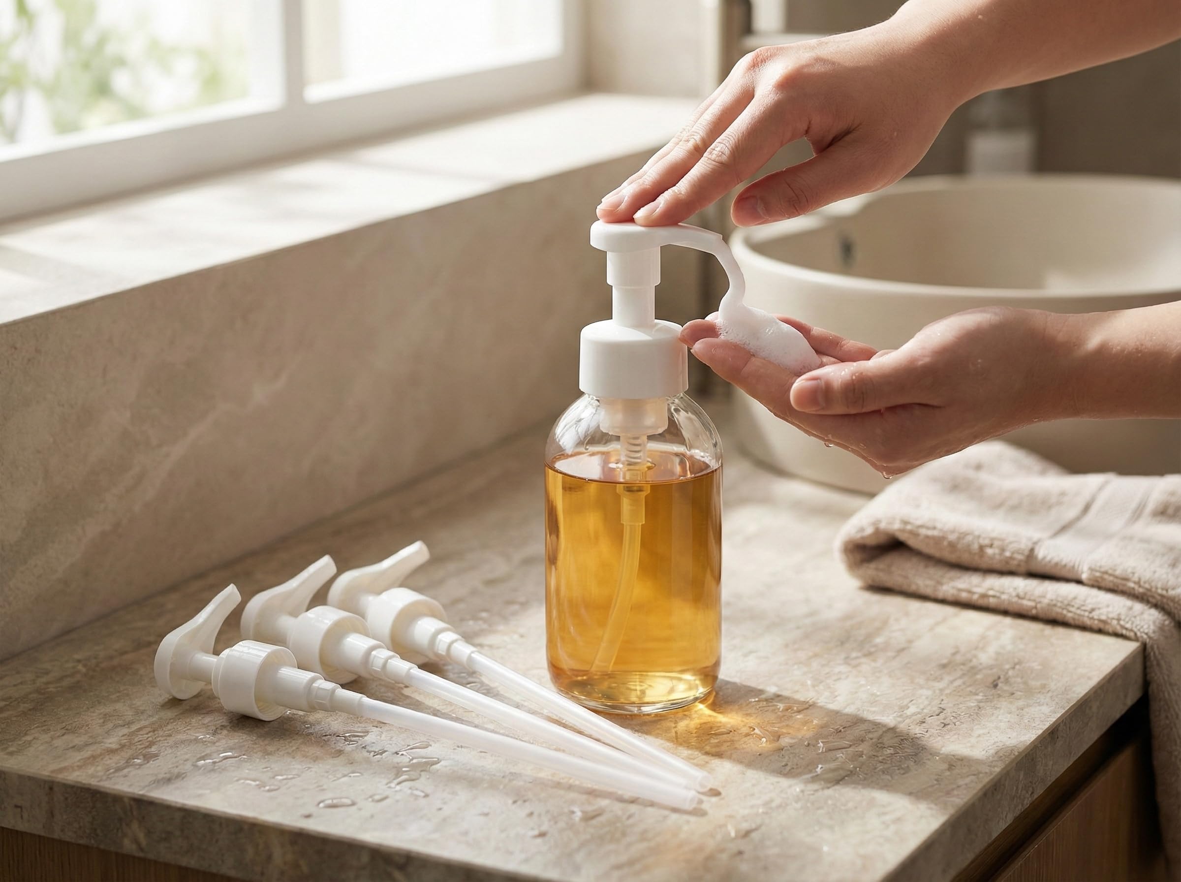 8 Dosatori per Dosaggio - Pompa per Sciroppo per Bottiglie da 500ml/1000ml, Compatibile con Tappi 28/410 e 24/410, Perfetta per Sciroppi, Shampoo e Balsami (Bianco, 0.5/1L)