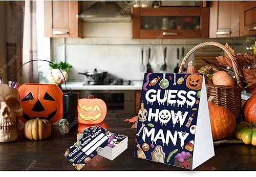 Miniatura 4 de Juego de fiesta de Halloween Adivina cuántos, suministros de recuerdos de fiesta de Halloween, dulce o truco, actividad familiar (1 letrero y 50