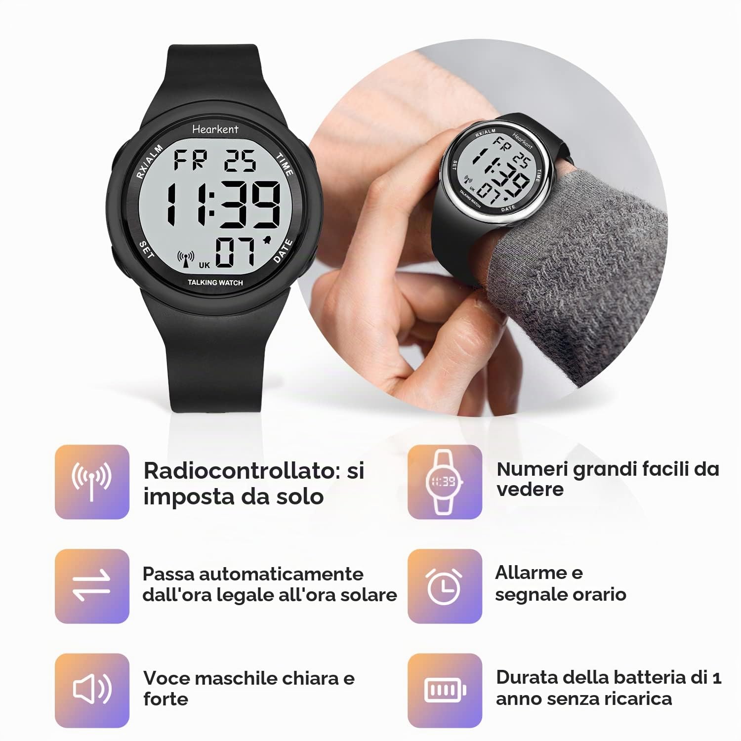 Hearkent Orologio parlante atomico Multi Band si adatta a non vedenti o anziani, facile da leggere per anziani, Siler, Cinturino