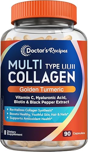 Doctor's Recipes Péptidos de colágeno múltiple con cúrcuma dorada, vitamina C, biotina, ácido hialurónico y pimienta negra, suplementos de colágeno