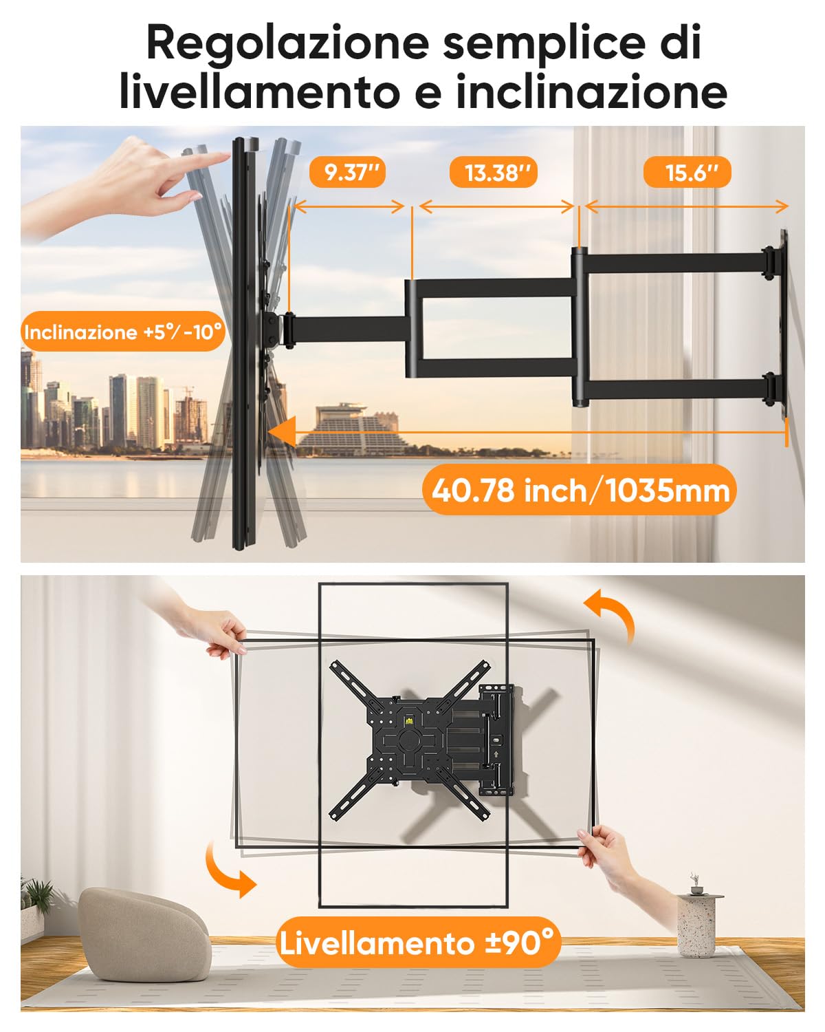 FORGING MOUNT Supporto TV Parete con Braccio Extra Lungo 1035mm per 26-65 Pollici fino a 35KG, Ruotabile a ±90°orizzontale/verticale con 3 bracci pieghevoli, Max VESA 400x400mm