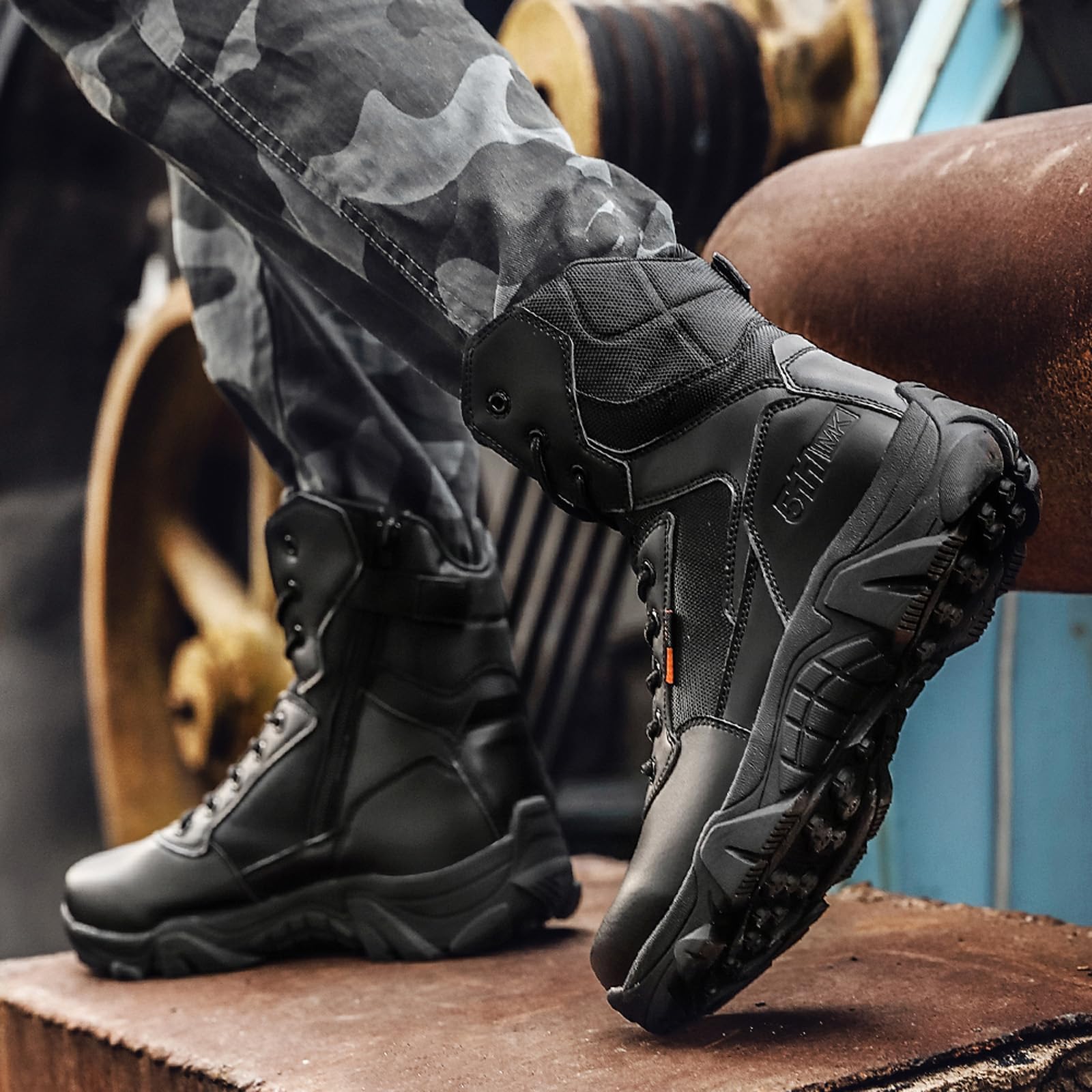BLBK Bottes militaires imperméables pour homme avec fermeture éclair - En cuir - Pour la randonnée, l'alpinisme, la pêche, la chasse