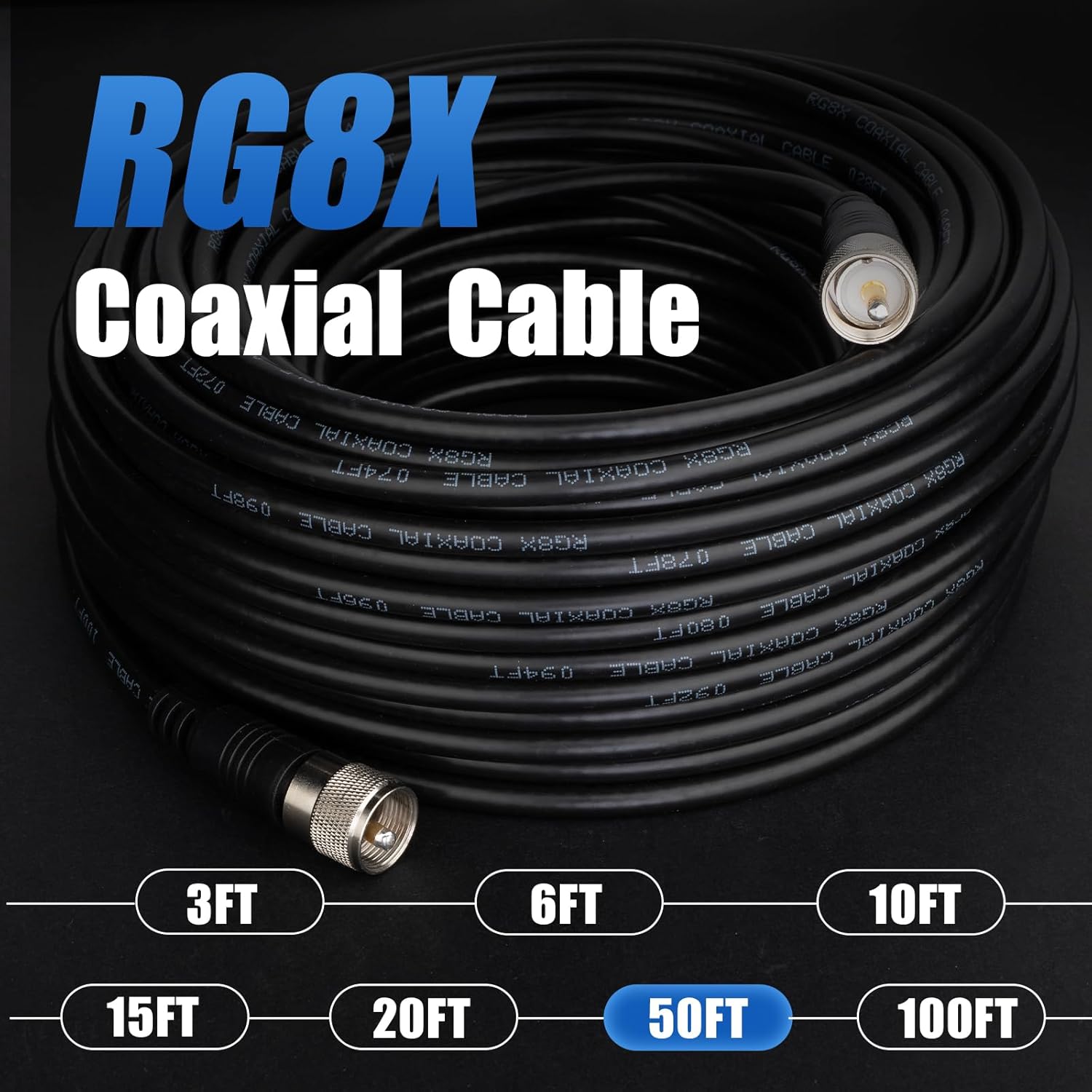 RG8x Coaxial Cable, CB Coax Cable, 50ft UHF PL259 Male to Male Low Loss CB Antenna Cables, 50 Ohm for HAM Radio, Antenna Analyzer