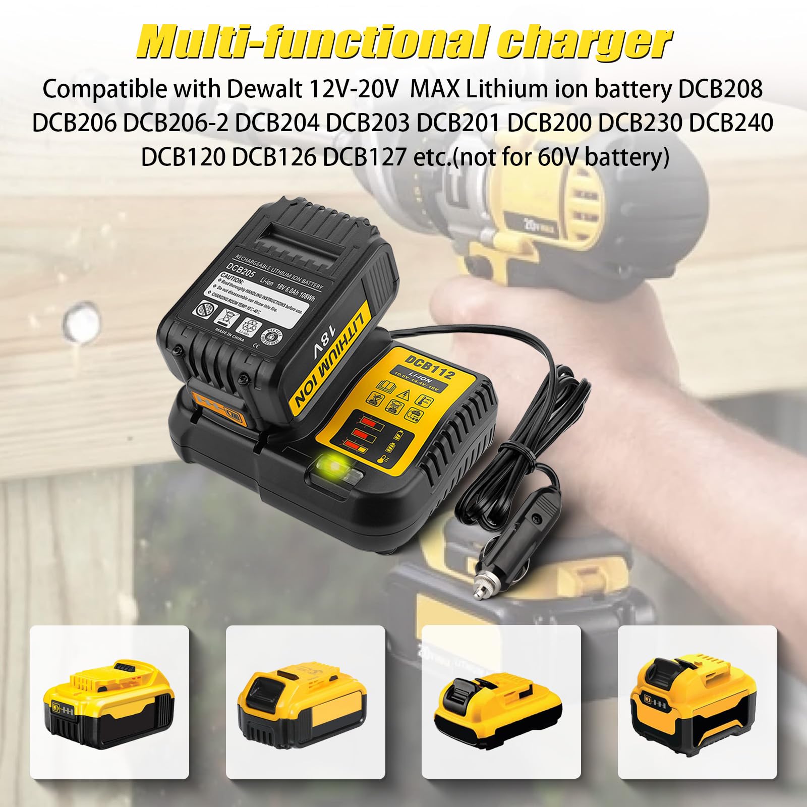 Fybemax Replace DCB112 Car Charger for Dewalt 20V Battery, Portable Quick Car Charger for Dewalt 20V/60V, Cigarette Lighter Plug