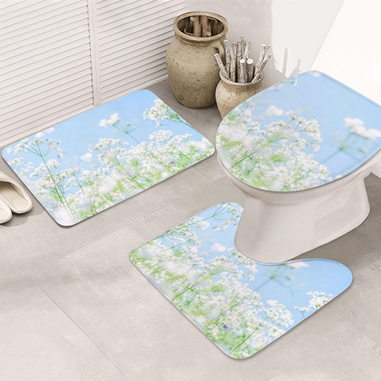 Set di 3 tappeti da bagno freschi e freschi con fiori estivi, morbidi e assorbenti, in memory foam e a forma di U, decorazione per la casa, asciugatura rapida
