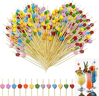 200 Stück Cocktailspieße, 12cm Holz Spieße Fingerfood, Bunt Cocktail Deko, Cocktails Zahnstocher Holz mit Niedlicher Deko, Herz Plumblüten Cocktail Sticks für Bar Snacks Party Obst Kuchen