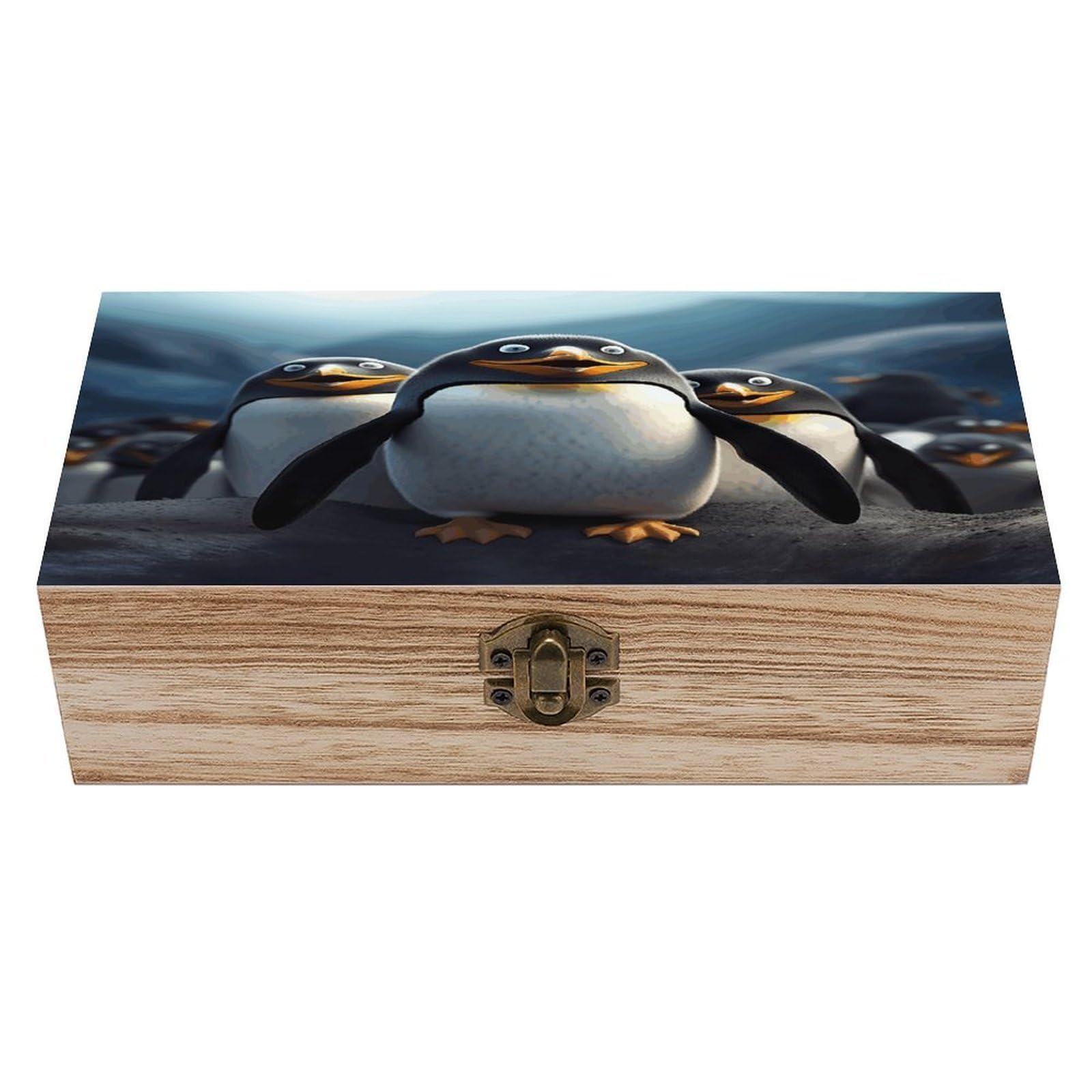JTREHY Funny Penguins Wooden Keepsake Box Vintage-Style Wood Keepsake Case with Hinged Lid Solid Wood Boxes Beautifully Memory Treasure Case Vintage-Style Wooden Storage Box