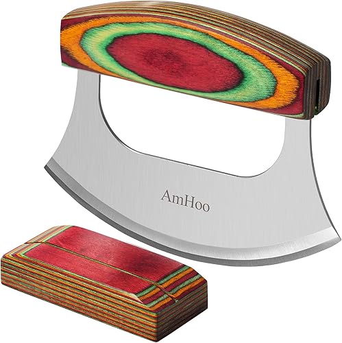 AmHoo Cortador de pizza de 6.5 pulgadas, mango de cuchillo Mezzaluna Ulu, mango de color, agarre de madera, cortador afilado de acero inoxidable,