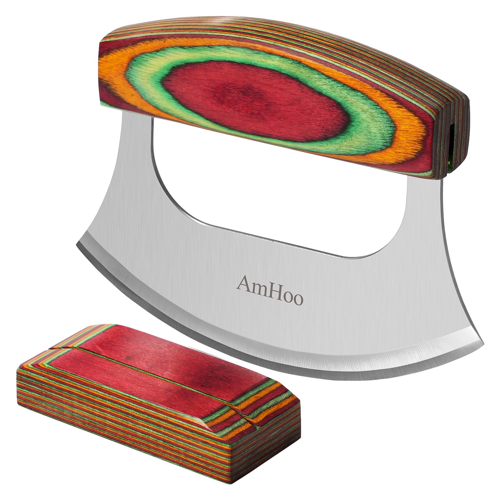 AmHoo Pizza Cutter 6.5 Inch Chef Mezzaluna Ulu Knife Handle Color Wood Grip Sharp Rocker Slicer Stainless Steel Blade Salad Onion Vegetable Chopper
