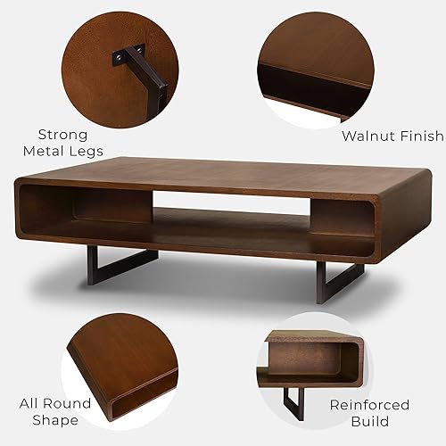 Miniatura 4 de SWEVEN Mesa de centro con almacenamiento muebles de sala de estar cuadrados modernos con estante grande con compartimento central, acabado de madera