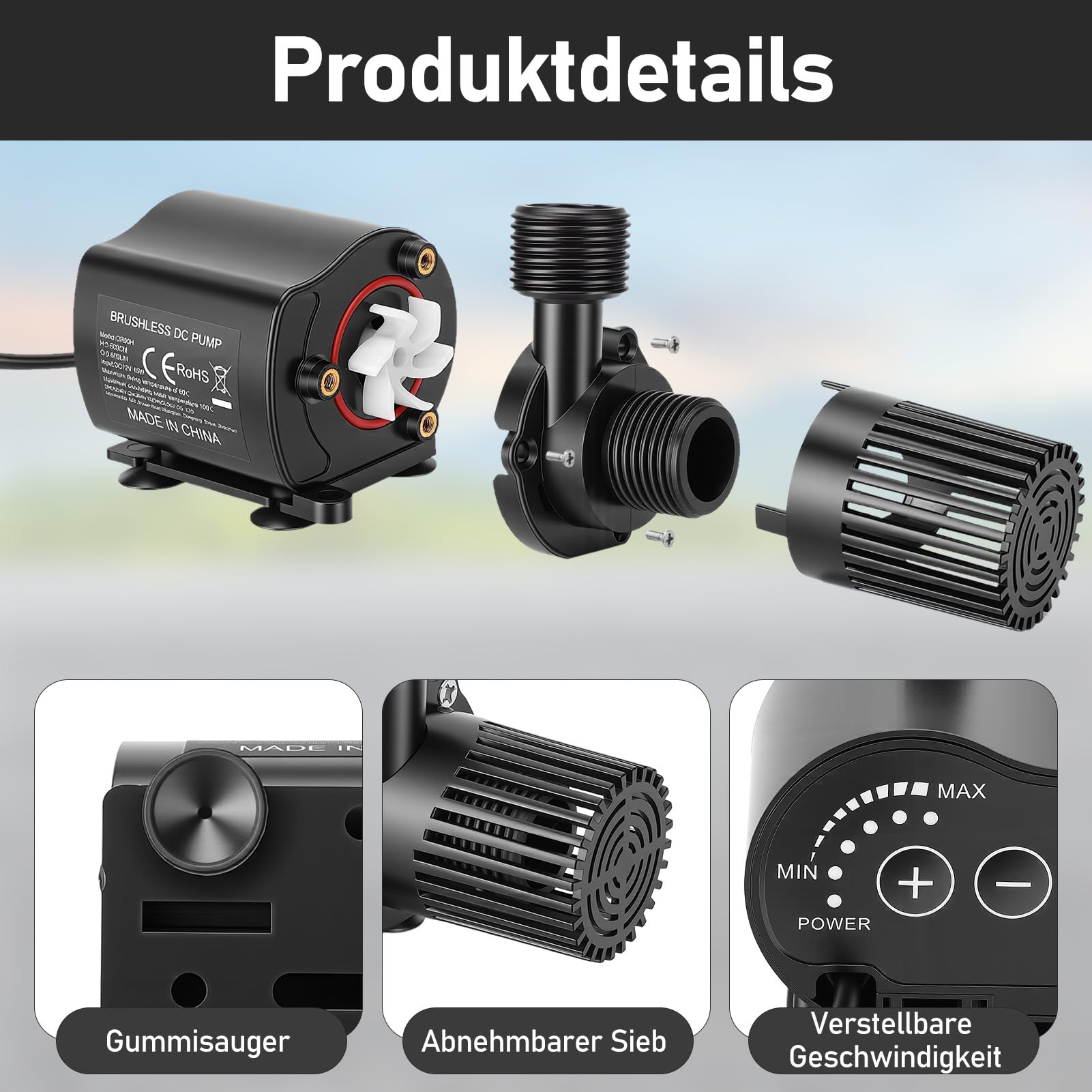Wasserpumpe 12V 800L/H 5M, Wasserpumpe Klein mit 5 Gang-Drehzahlregelung, Tauchpumpe Aquarium Pumpe mit 2 M Kabel für Aquariumpumpe, Teichpumpe, Springbrunnenpumpe, Wasserspielpumpe
