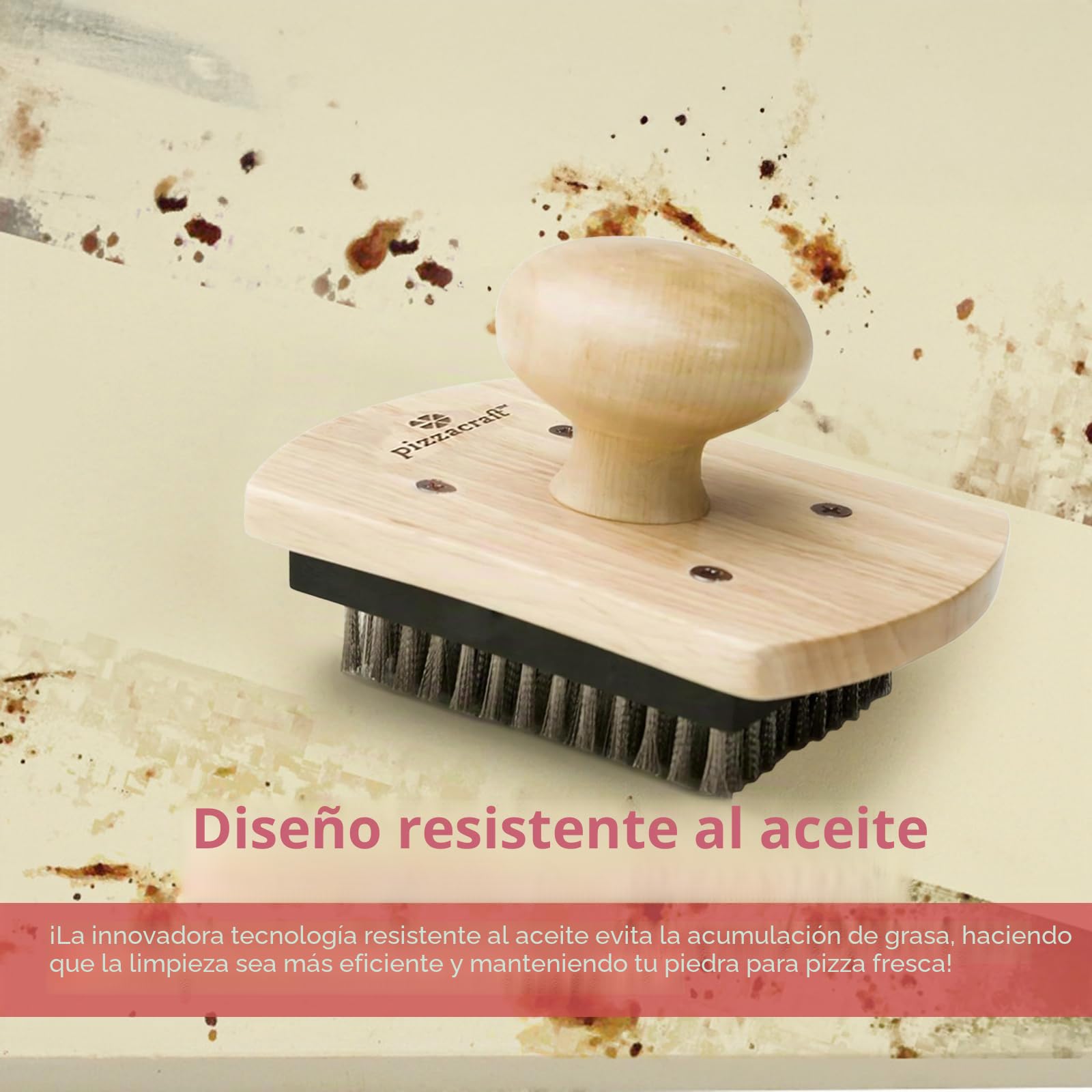 Cepillo para Piedra de Pizza de 10 x 13 cm con Mango de Madera Dura y Cerdas de Acero Inoxidable, Cepillo Limpiador para Piedra de Pizza