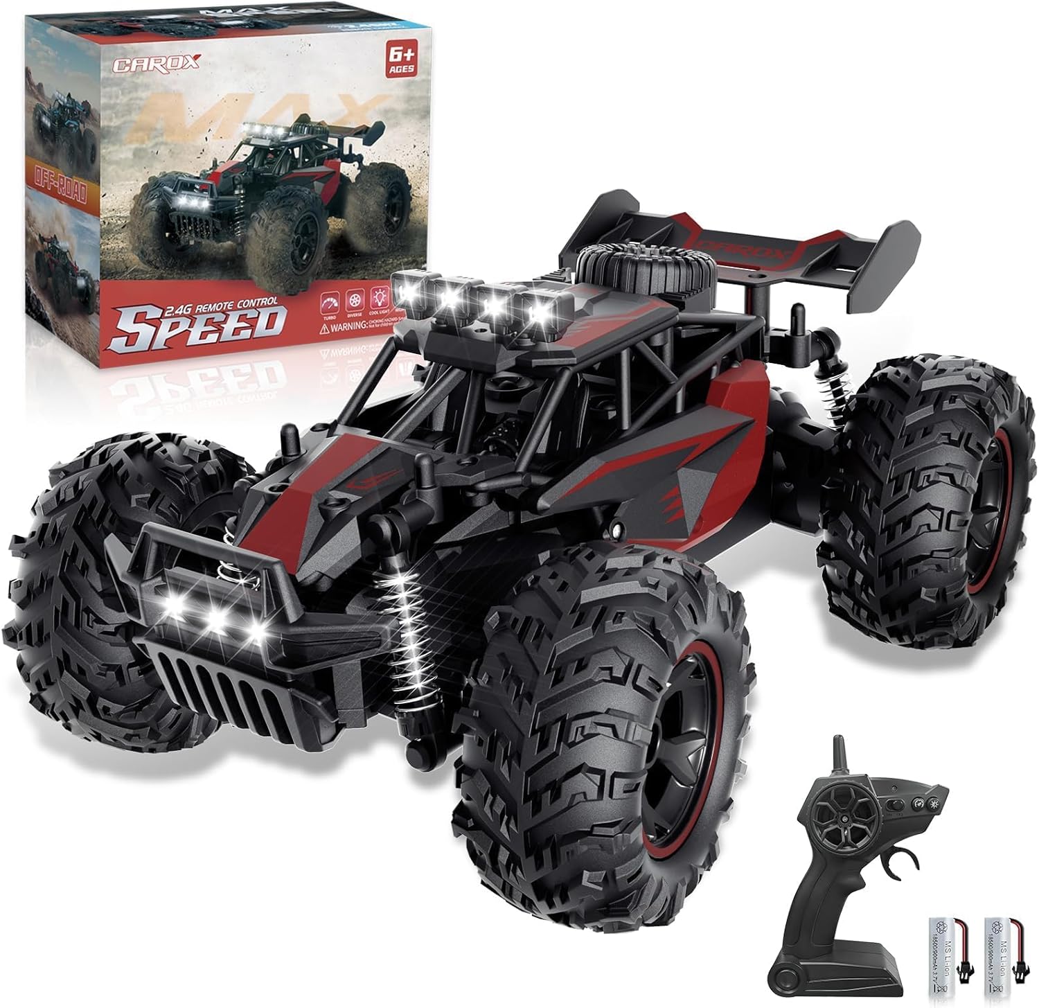 Carox Remote Control Car, 2.4GHz 25KM/H High Speed RC Car, 1:18 Off-Road Monster Truck with LED Lights and 1800mAh Rechargeable Battery – Ideal Gift for Boys 6+